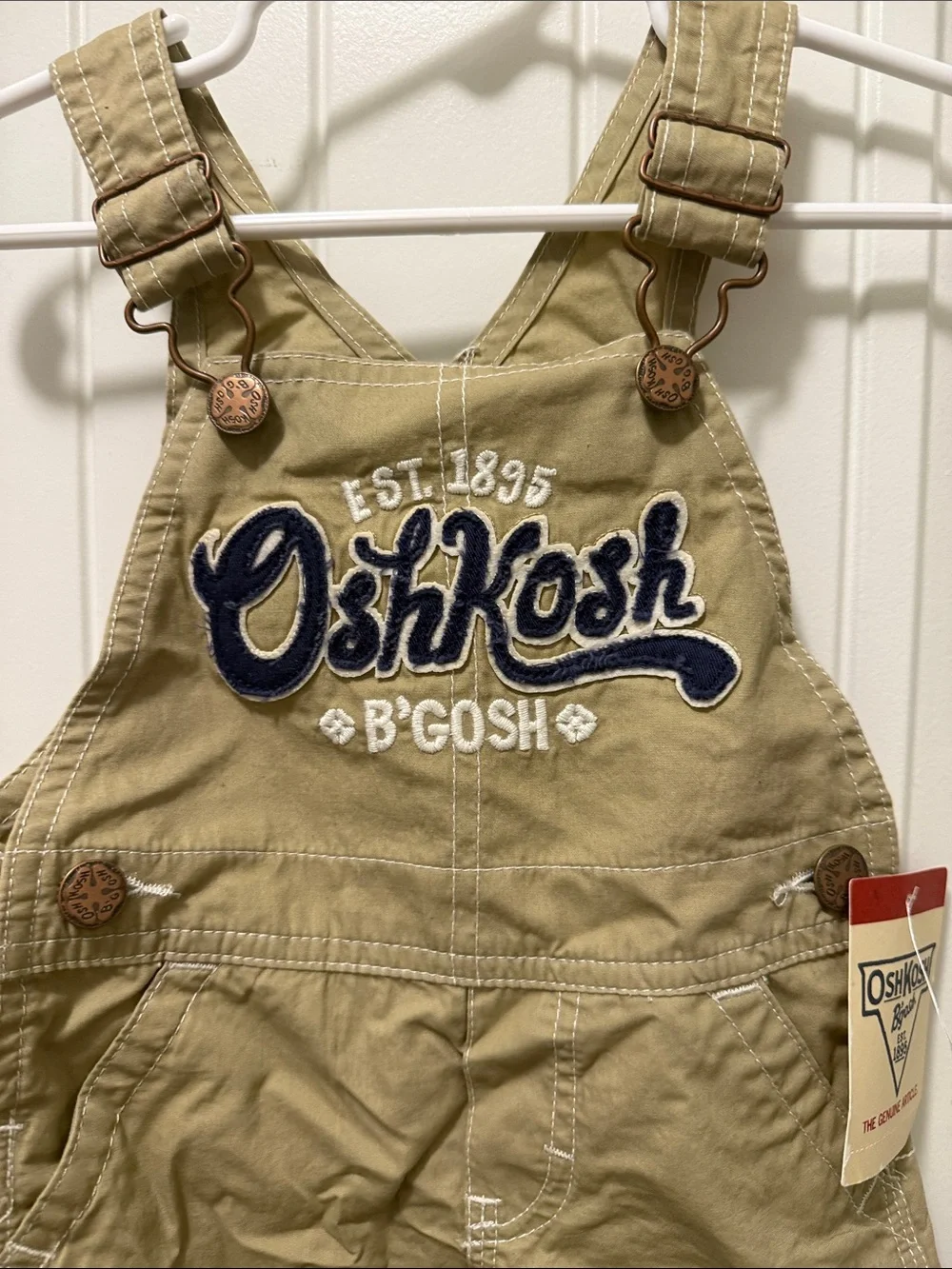 OshKosh B'gosh Y2K Tan Short Overalls with Navy  embroidered Logo size 12M-NWT